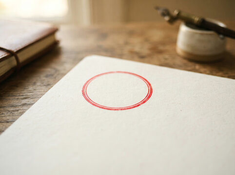Red wax seal on off white paper beside a journal and a glass quill inkwell