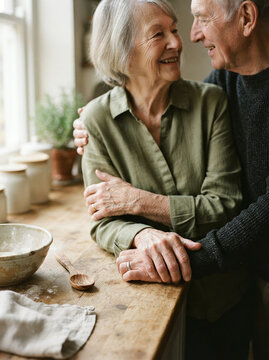 Elderly couple leaning on a wooden table with hands touching by a window
