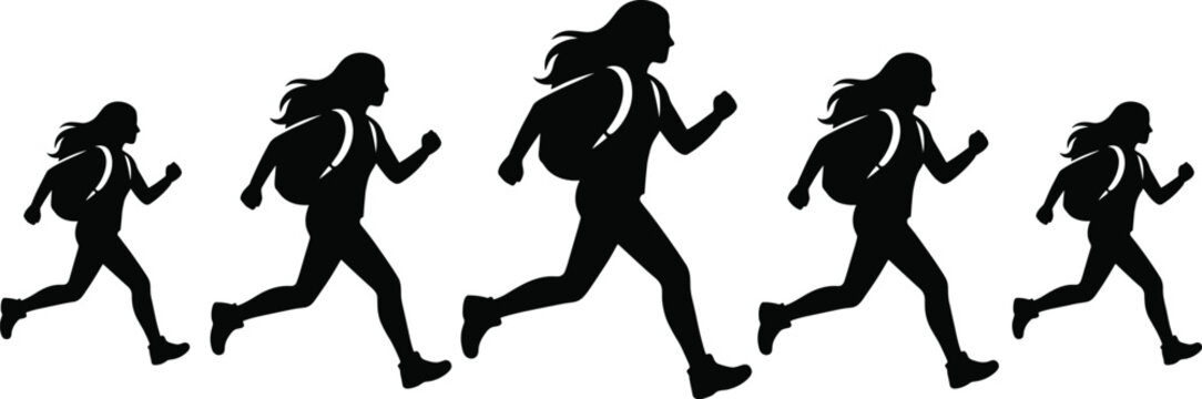Girl running with backpack vector silhouettes set of schoolgirl, student, and traveler going to school