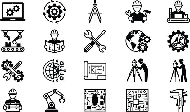 Industrial engineering project management and land surveying line icons pack for construction blueprint infrastructure development workflow