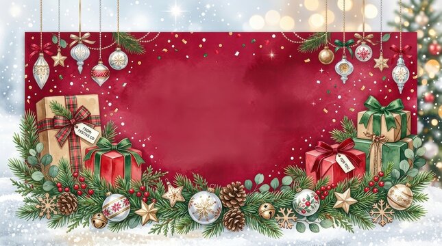 Christmas festive background with red watercolor texture, hanging ornaments, pine branches, and gift boxes for holiday greeting card design