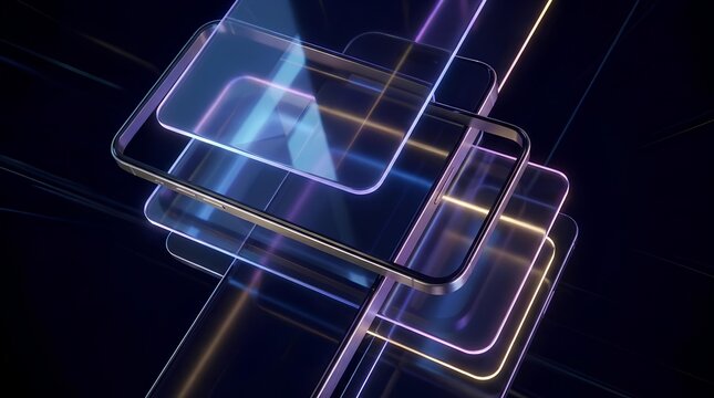 Abstract neon glowing glass rectangles on dark background.