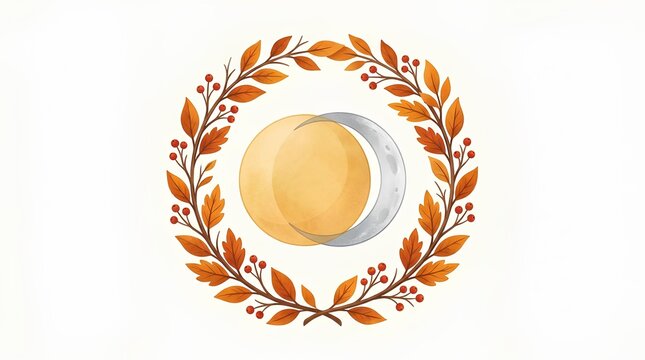 Autumn leaf wreath with crescent moon illustration.