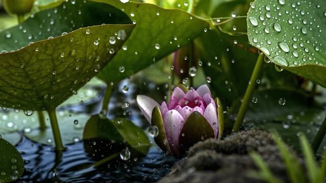 Water droplets on green lily pads with pink lotus flower in pond motion.