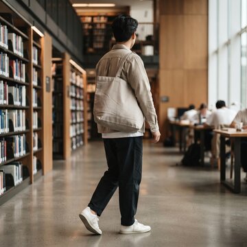 Back View of Young Man Walking in Modern Library with Canvas Tote Bag
