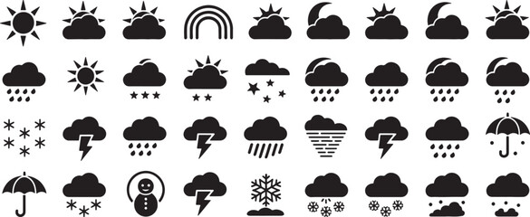 Naklejka premium Weather Icons Set with Sun, Cloud, Rain, Snow, and Storm Symbols. Graphic Design Elements for Weather Forecast
