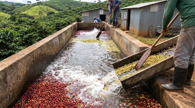 Brazilian coffee production chain. Brazilian Coffee Beans Washed in Water Channel on Plantation Minas Gerais