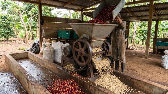 Brazilian coffee production chain. Brazilian Coffee Processing Worker Operating a Pulper Machine for Freshly Harvested Beans