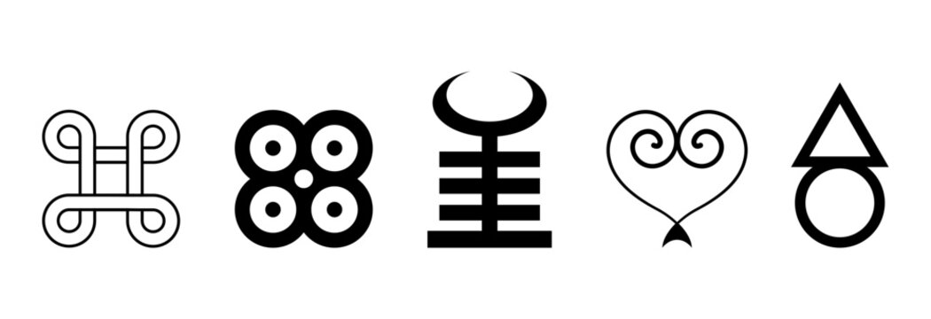 Set of akan and adinkras symbols, west african tribal icons, mystical afro logo isolated on white background