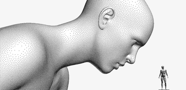 A small human figure and a huge head looking at it. A surreal plot. A sci-fi concept of surveillance and tracking. 3D vector for poster, cover, presentation, flyer or banner.