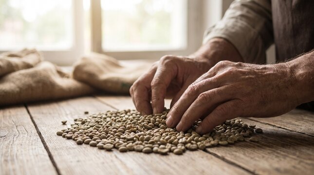 Brazilian coffee production chain. Brazilian coffee farmer inspecting raw green coffee beans on a wooden table