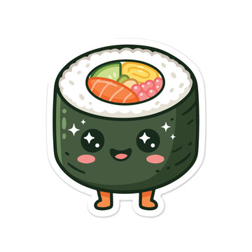 Cute kawaii food stiker featuring a smiling maki roll character with sparkling eyes and rice