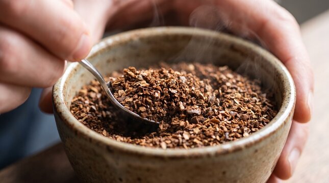 Brazilian coffee production chain. Close up of roasted coffee beans being scooped from a ceramic bowl