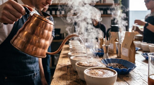 Brazilian coffee production chain. Barista performing coffee cupping with hot water pouring into ceramic cups