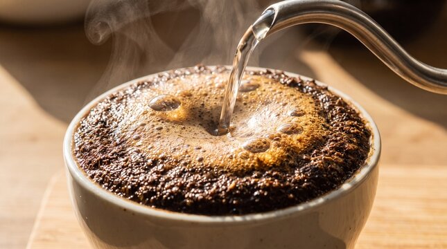 Brazilian coffee production chain. Barista pouring hot water over coffee grounds for pour over brewing