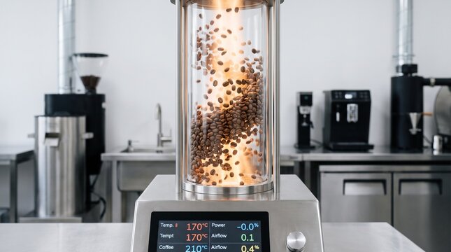 Brazilian coffee production chain. Modern Coffee Roaster Machine Processing Beans with Digital Display