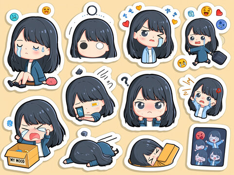 A cute chibi sticker sheet featuring a girl showing different emotions: crying, confused, angry, frustrated, exhausted, sad, and dramatic, with humorous expressive poses, thick white sticker outlines