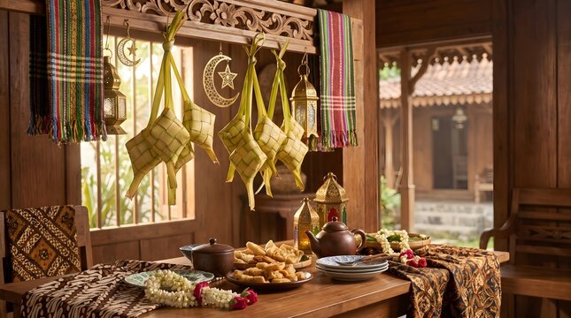Traditional Indonesian Eid al Fitr celebration atmosphere with hanging ketupat traditional food and batik tablecloth.