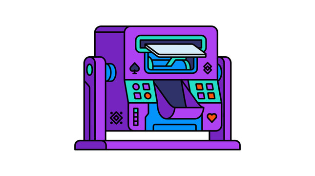 Purple futuristic vending machine with digital screen interface.