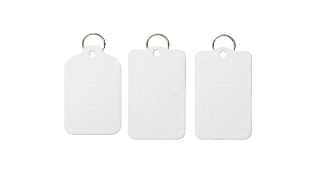 Three white blank luggage tags with metal rings with three rectangular on transparent background