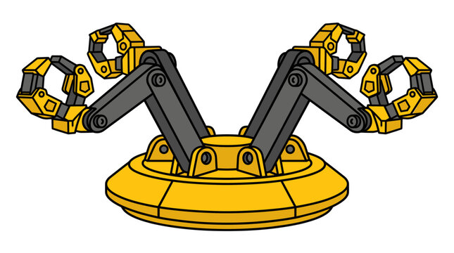 Yellow industrial robot base with four articulated mechanical arms.