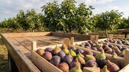 Freshly harvested ripe figs fill rustic wooden crates in a sun-drenched organic orchard, embodying nature's sweet summer bounty and sustainable farming practices