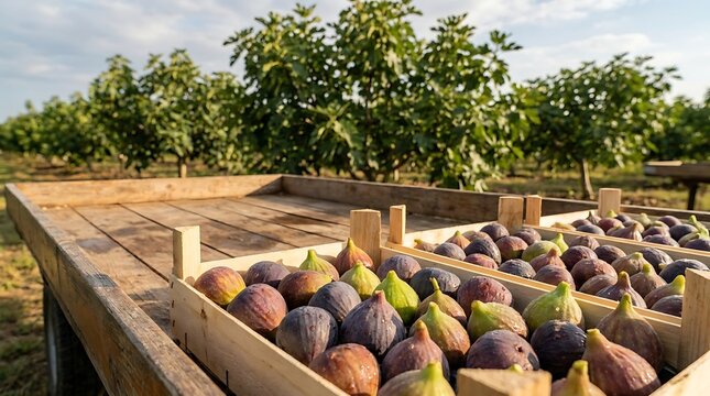 Freshly harvested ripe figs fill rustic wooden crates in a sun-drenched organic orchard, embodying nature's sweet summer bounty and sustainable farming practices