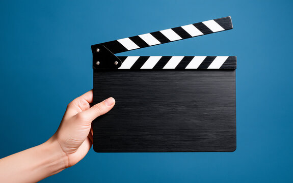 Hand holding blank black movie clapperboard on dark blue background