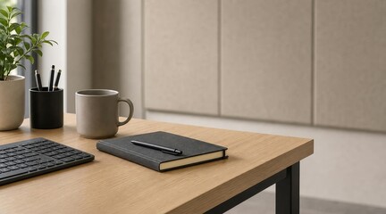 Fototapeta premium Minimalist oak lab desk with keyboard and coffee mug