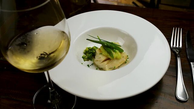 Gourmet Norwegian cod fillet with green vegetables on a white plate, paired with a glass of white wine on a wooden table.