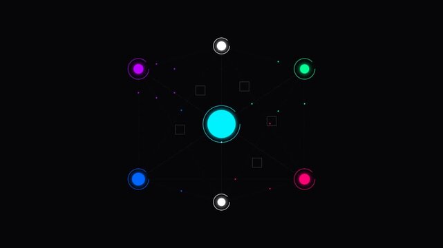 Abstract grid of colorful glowing neon circles on a dark background