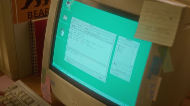 Retro computer monitor displaying vintage chat interface while user types message. Footage serves well for historical technology documentaries or retro-themed marketing campaigns