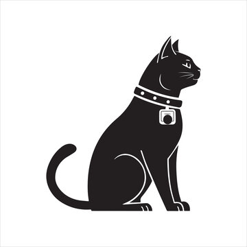 Black silhouette of a sitting cat wearing a collar with a bell, black and white