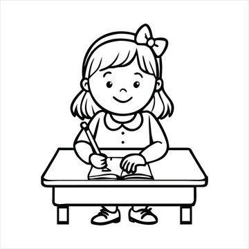 Little schoolgirl writing in a notebook sitting at a desk outline drawing