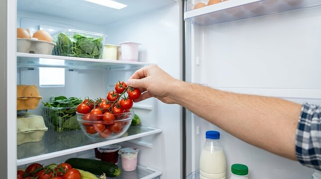 A view inside a refrigerator with a hand reaching in to pick up fresh cherry tomatoes representing healthy eating and home life Food in the refrigerator looking inside refrigerator picking up cherry