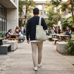 Obraz premium Young man walking outdoors carrying a blank canvas tote bag mockup