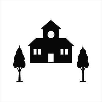 School building silhouette with a clock tower between two trees, black and white