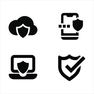 Set of cybersecurity icons featuring cloud computer laptop phone protection