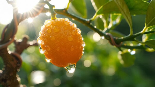 Fresh Kumquat Fruit Hanging on Tree Branch With Water Droplets and Sun Flare