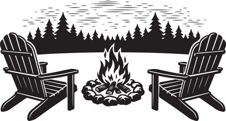 Obraz premium Two chairs facing a campfire in front of a forest silhouette