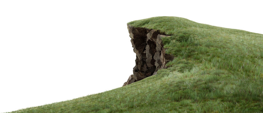 green grass on a hill/High-resolution green grassy cliff with sharp natural rock details, isolated on a clean white background.