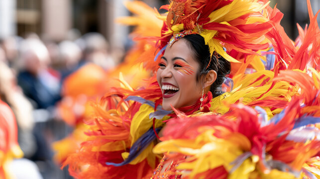 Vibrant Woman Smiling in Colorful Feather Costume Celebrating at the Aalborg Carnival Parade