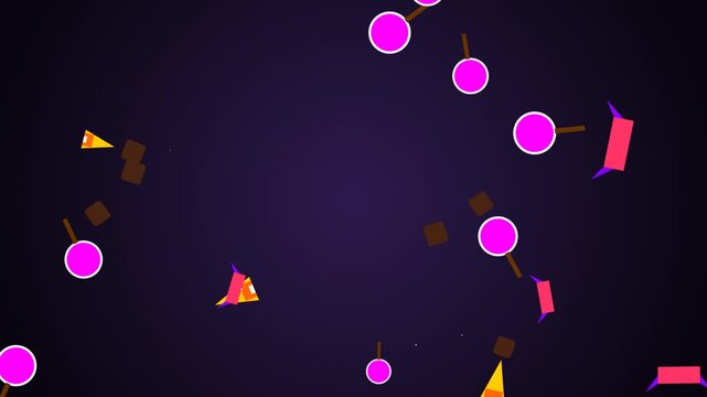 Colorful geometric shapes floating on dark purple background
