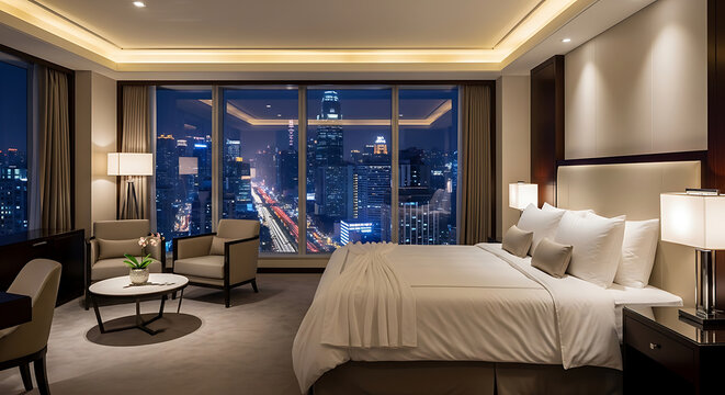 Luxury hotel master suite with city view at night background full hd download 2025 2026 bedroom