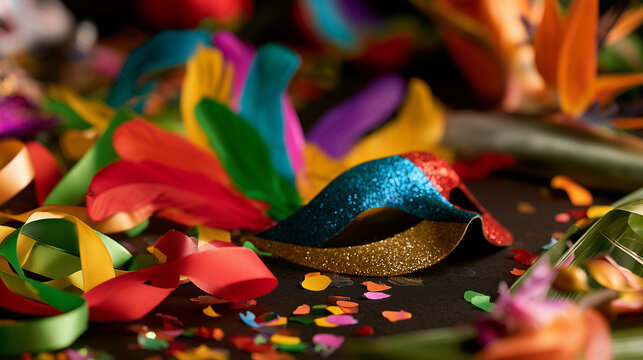 Festive Vibrant Aalborg Carnival Mask Surrounded by Colorful Ribbons and Bright Confetti Pieces