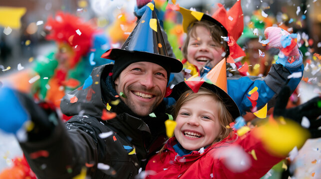Joyful Family Celebrating Together During the Festive Aalborg Carnival Parade in Denmark Outdoors