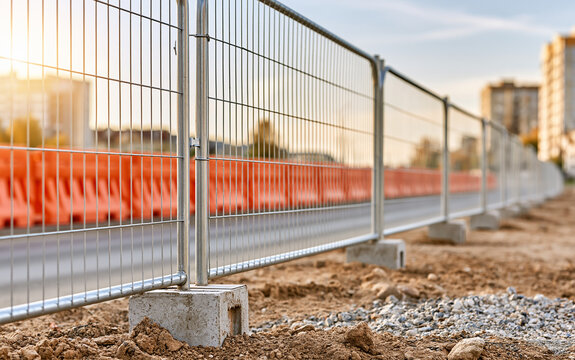 Metal temporary fencing on construction site along new asphalt road