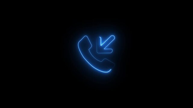 Neon incoming call icon animation with glowing blue telephone symbol for communication on black background.