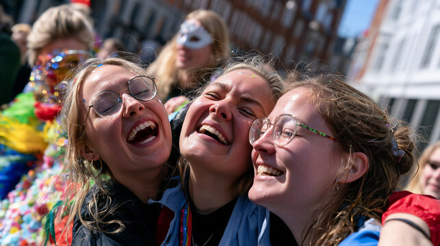 Group of Joyful Young Women Laughing Together During the Vibrant Annual Aalborg Carnival Parade