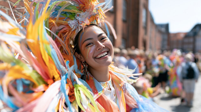 Happy Young Woman Celebrating at the Vibrant Aalborg Carnival Parade in the City Streets Today